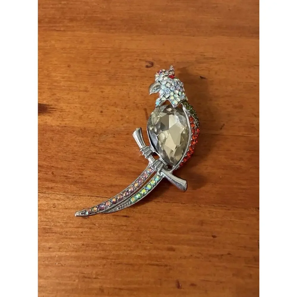 Crystal Parrot Silver Tone Brooch Multicolor Crystal Rhinestones Tropical Bird